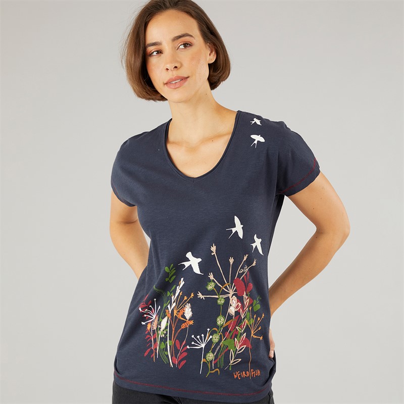 Weird Fish Womens Fluttering Flock Organic Graphic Marl T-Shirt Navy
