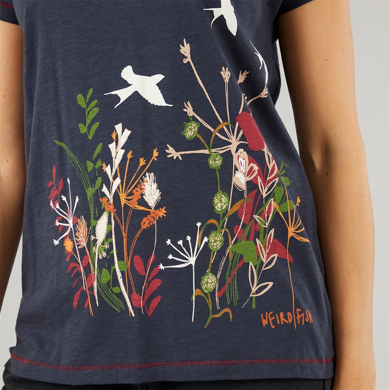 Weird Fish Womens Fluttering Flock Organic Graphic Marl T-Shirt Navy