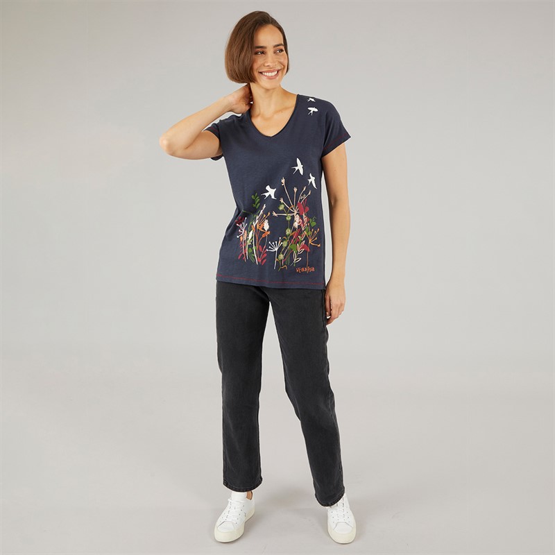 Weird Fish Womens Fluttering Flock Organic Graphic Marl T-Shirt Navy