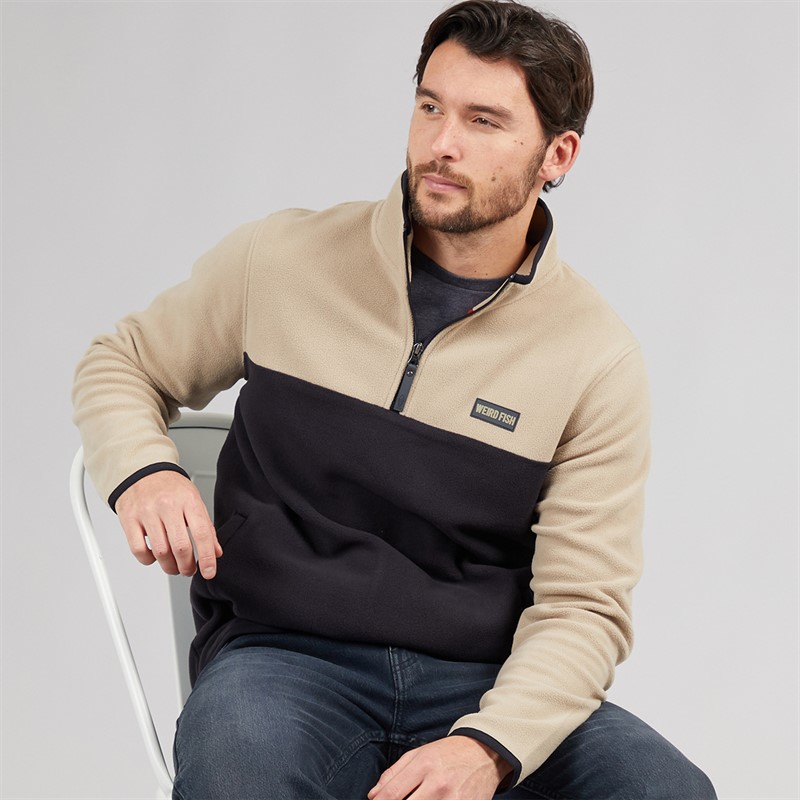 Weird Fish Mens Ezrah 1/4 Zip Colour Block Fleece Flint Stone