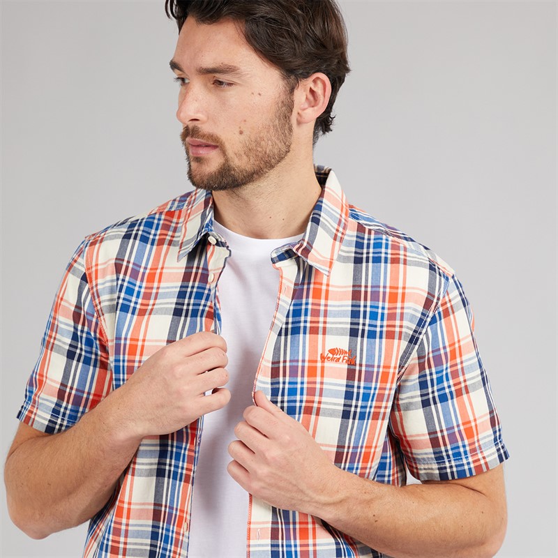 Weird Fish Mens Otis Short Sleeve Checked Shirt Mango/Light Cream