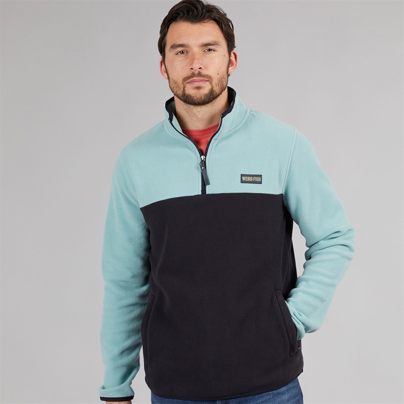 Weird Fish Mens Ezrah 1/4 Zip Colour Block Fleece Mineral Blue
