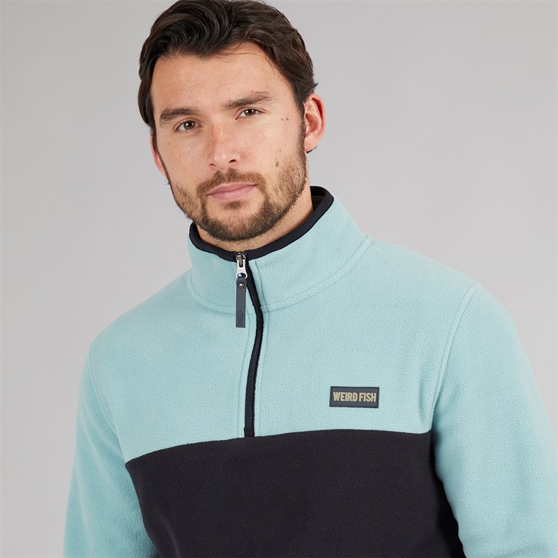 Weird Fish Mens Ezrah 1/4 Zip Colour Block Fleece Mineral Blue