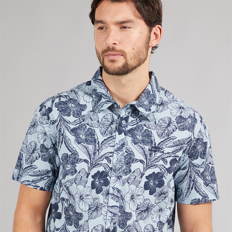 Weird Fish Mens Rafe Short Sleeve Printed Shirt Light Denim