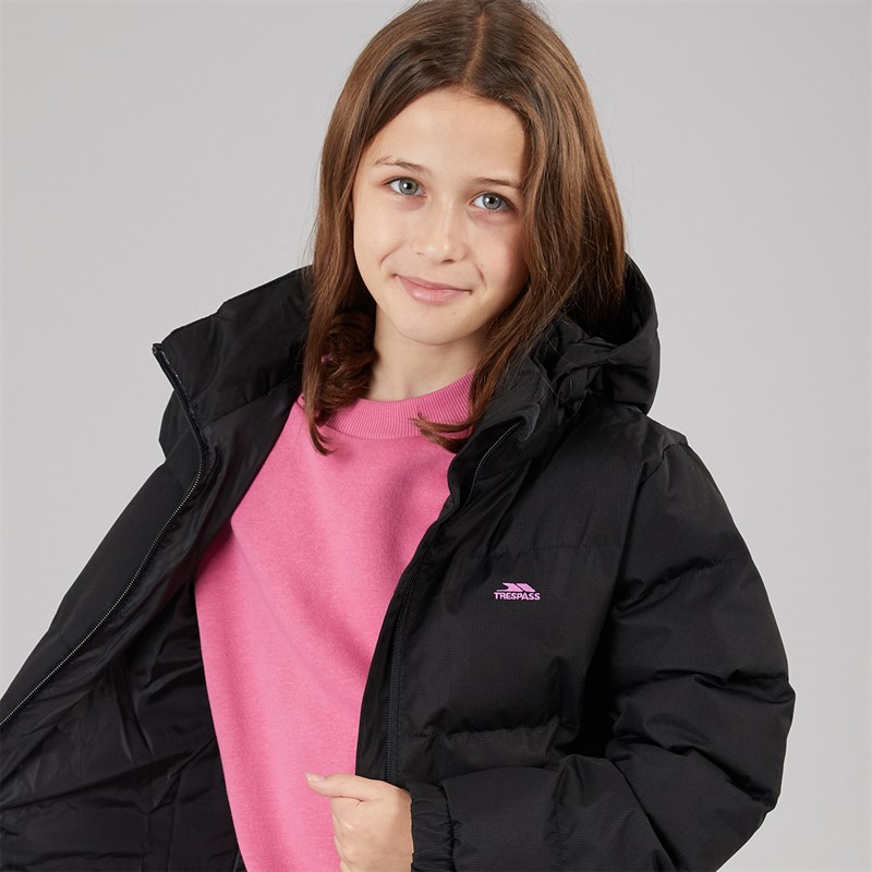 Trespass Mädchen Tiffy Wasserdichte Lange Gepolsterte Kapuzenjacke Schwarz