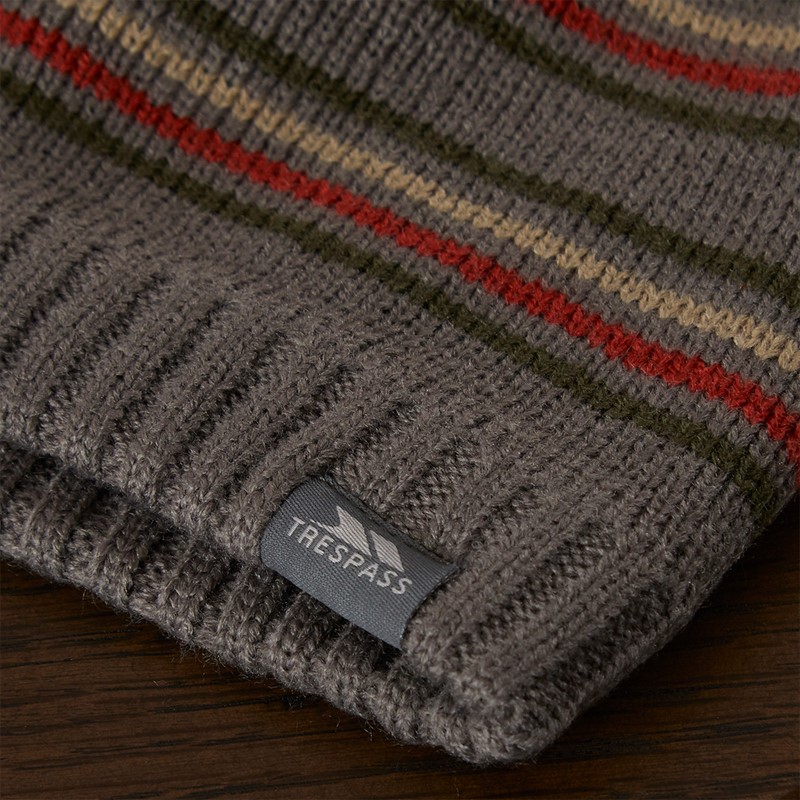 Trespass Mens Ray Striped Knitted Beanie Hat Storm Grey