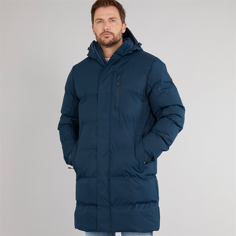 Trespass Herren Belvoir lange gesteppte Kapuzen wasserdichte Jacke Navy