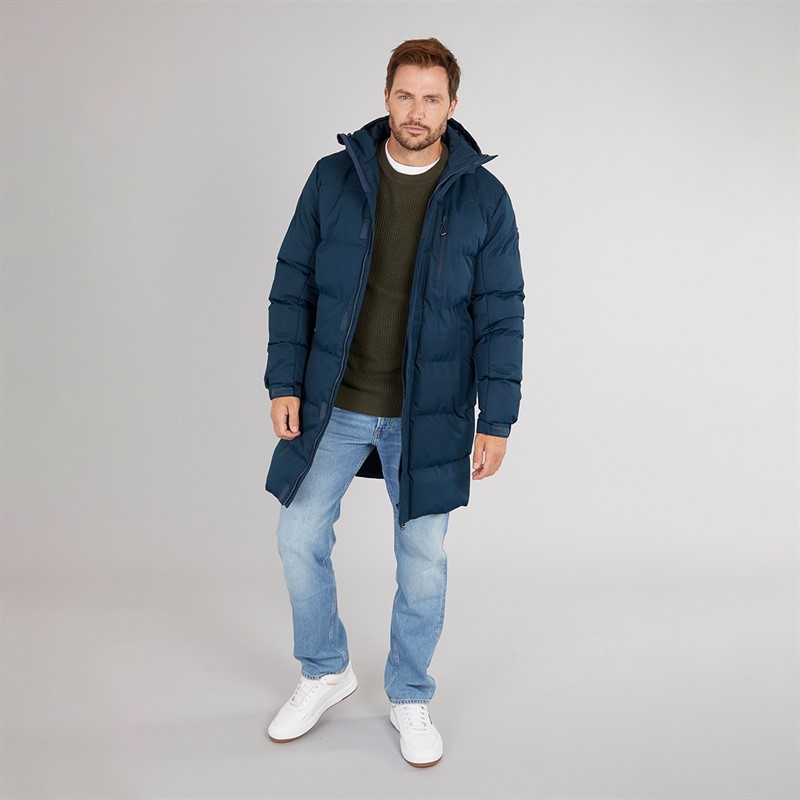 Trespass Herren Belvoir lange gesteppte Kapuzen wasserdichte Jacke Navy
