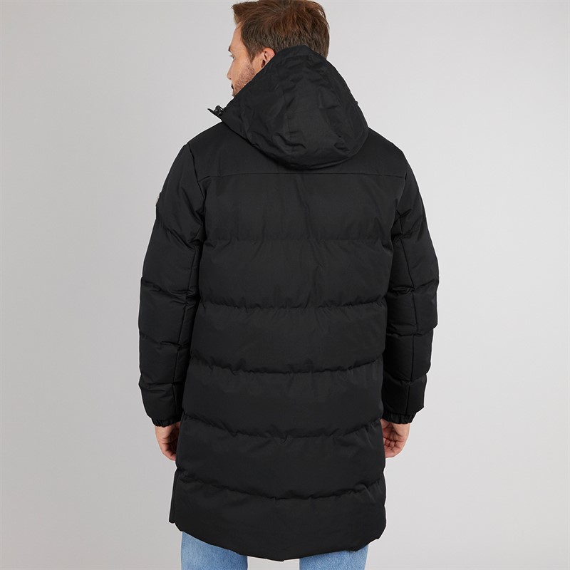 Trespass Herren Belvoir lange gesteppte Kapuzen wasserdichte Jacke Schwarz