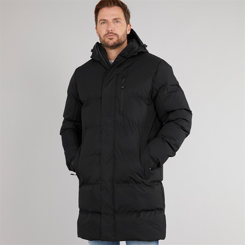 Trespass Herren Belvoir lange gesteppte Kapuzen wasserdichte Jacke Schwarz