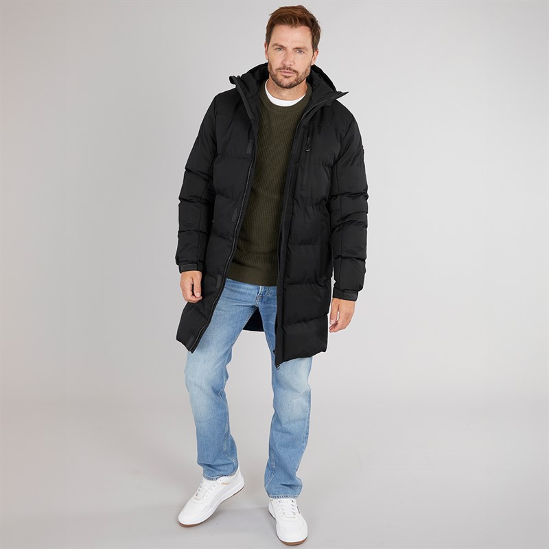 Trespass Herren Belvoir lange gesteppte Kapuzen wasserdichte Jacke Schwarz