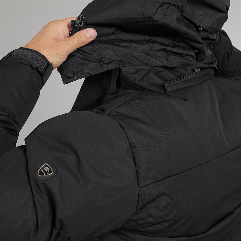 Trespass Herren Belvoir lange gesteppte Kapuzen wasserdichte Jacke Schwarz