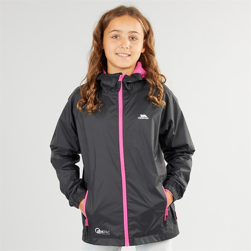 Trespass Girls Qikpac Waterproof Jacket Black/Pink - Size 9/10Y