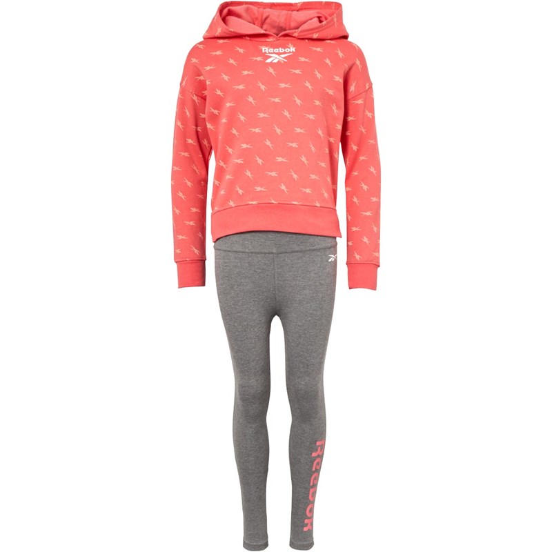 Reebok Junior Three Piece Logo Hoodie T-Shirt And Leggings Suit Sunkist Coral