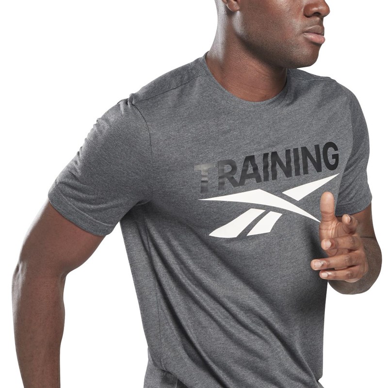 Reebok Mens Vector Logo Graphic Speedwick Training Top Dark Grey Heather