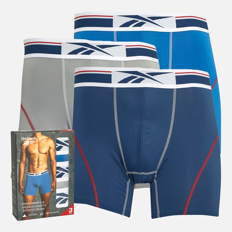 Reebok Mænd Foley Performance Tre Pak Medium Længde Trunks Kinetisk Blå/Ren Grå/Uniform Blå