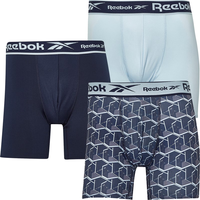 Reebok Mens Miner Performance Three Pack Medium Trunks Vector Navy/Print/Feel Good Blue