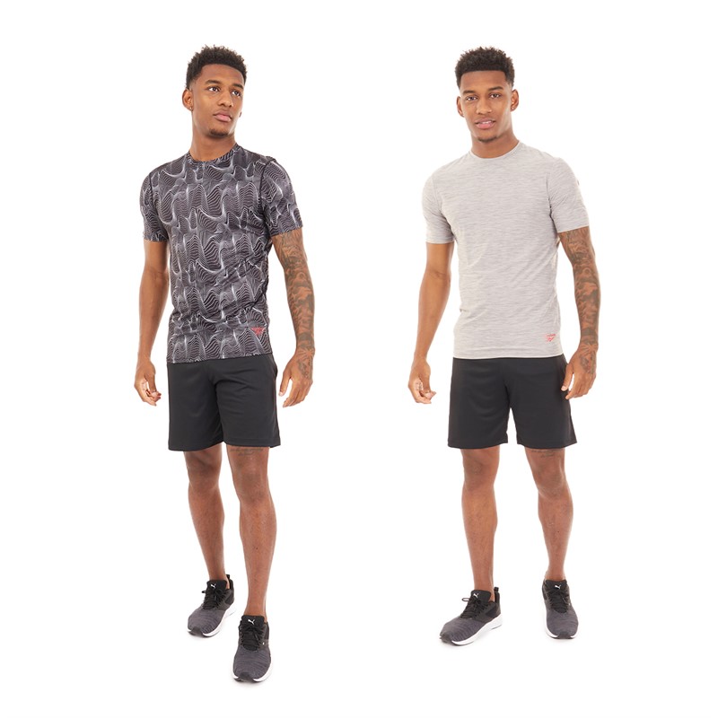 Reebok Mens Bartel Performance Two Pack T-Shirts Grey Marl/Black Print