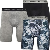 Reebok Mens Davids Performance Three Pack Long Trunks Grey Marl/Print/Black