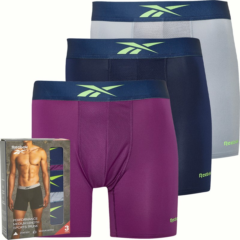 Reebok Mens Tully Three Pack Medium Performance Trunks Aubergine/Grey/Vector Navy