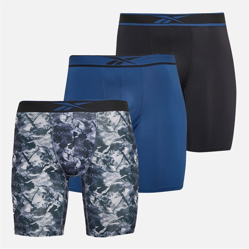 Reebok Mens Derek Three Pack Long Performance Trunks Black/Grey Print/Batik Blue