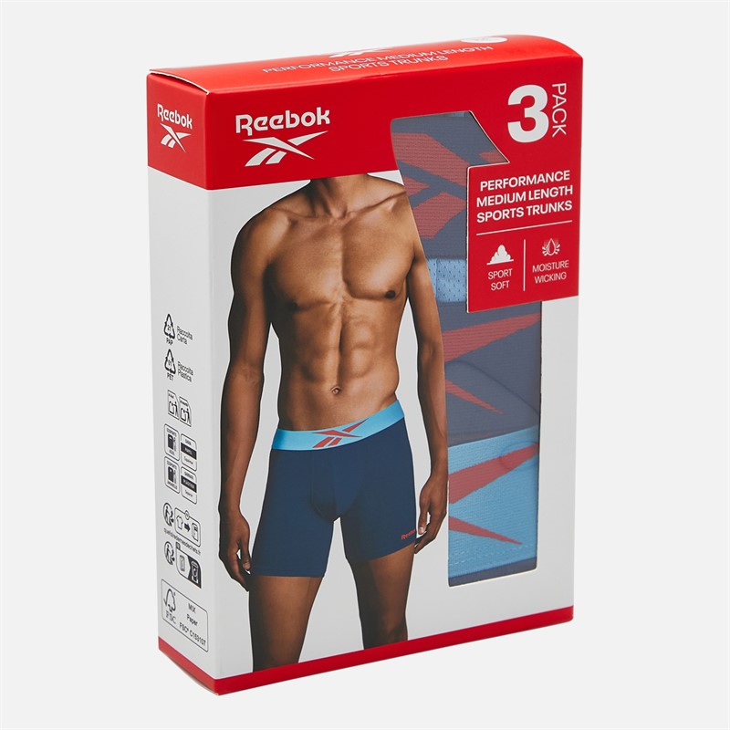 Reebok Mens Muir Performance Three Pack Medium Trunks Essential Blue/Print/Batik Blue