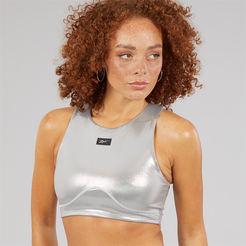 Reebok Womens X Angel Collection Lux Contour Light Support Crop Top Chrome Peyer Pantone