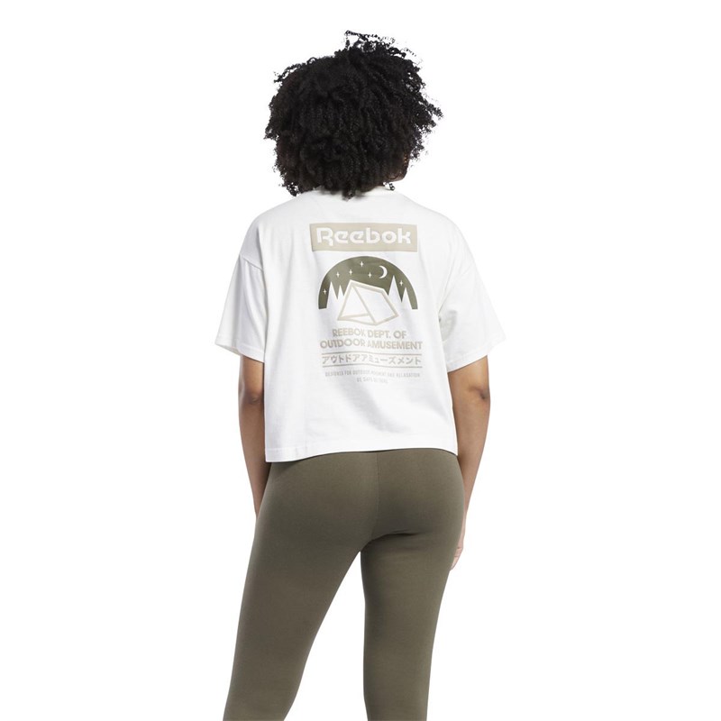 Reebok Classics Womens Camping Graphic Casual T-Shirt Chalk