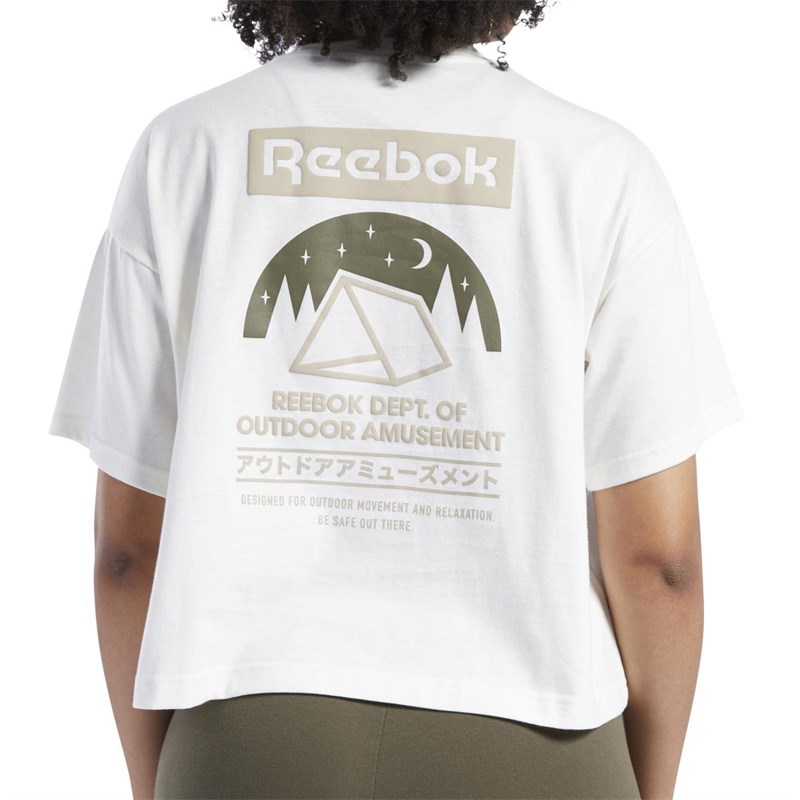 Reebok Classics Womens Camping Graphic Casual T-Shirt Chalk