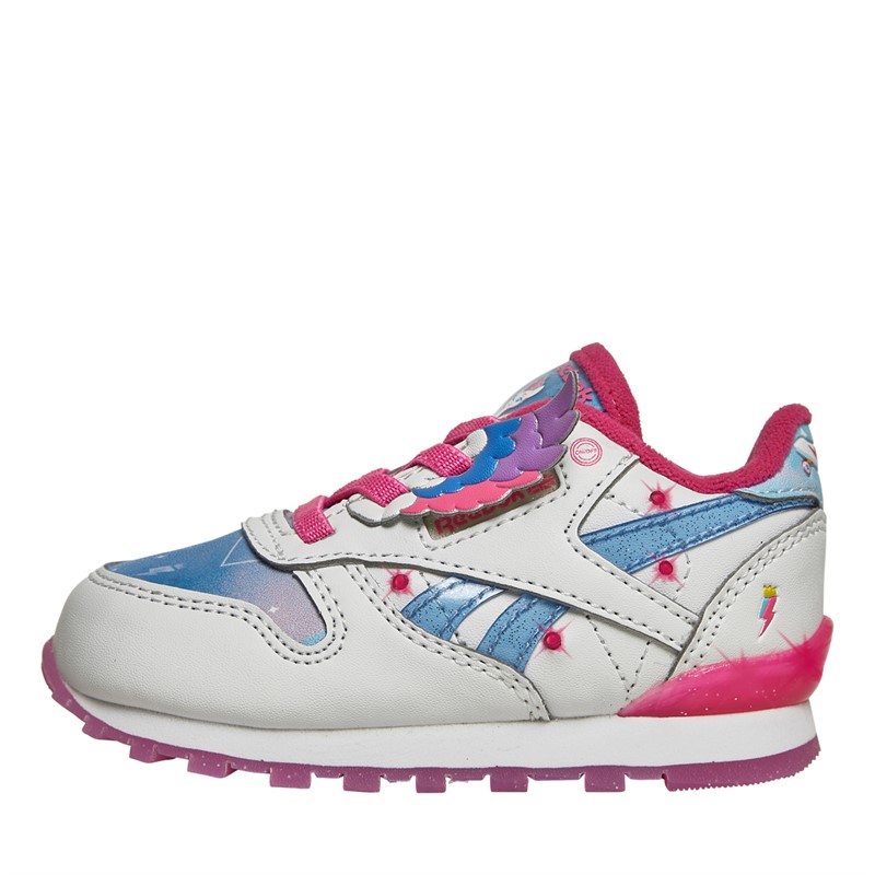 Reebok Classics Infant Girls X My Little Pony Zipp Classic Leather Step N Flash Trainers White Crystal Blue Pink