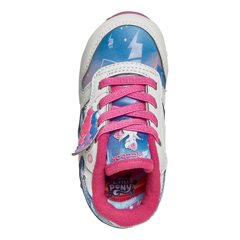 Reebok Classics Infant Girls X My Little Pony Zipp Classic Leather Step N Flash Trainers White/Crystal Blue/Pink