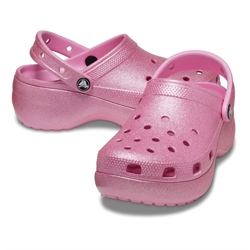 Crocs Womens Classic Platform Glitter Clogs Pink Tweed