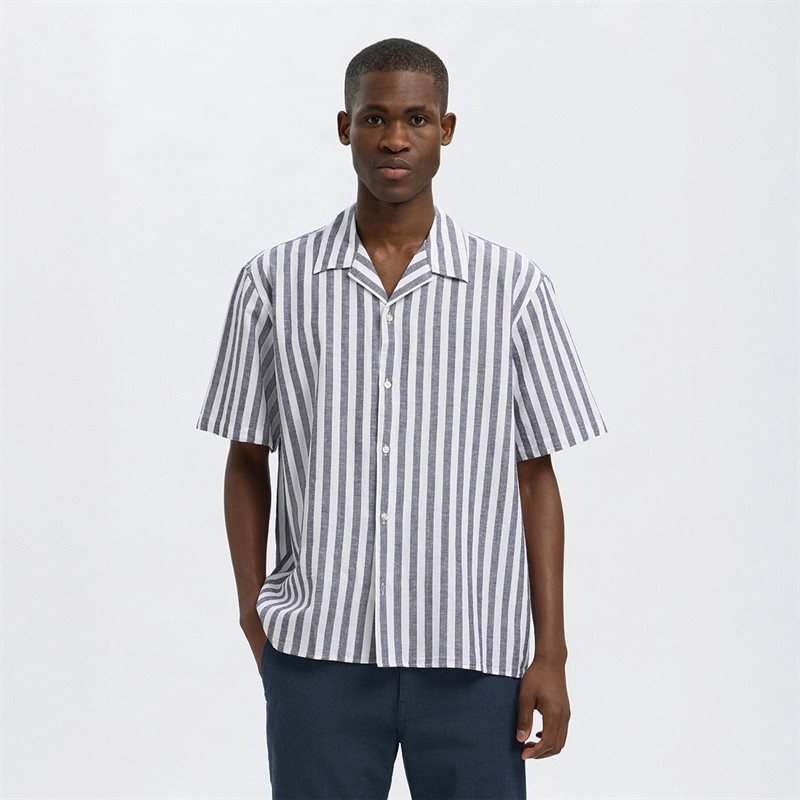 Selected Homme Mens Relaxsun Short Sleeve Resort Shirt Sky Captain/Stripes - Size S