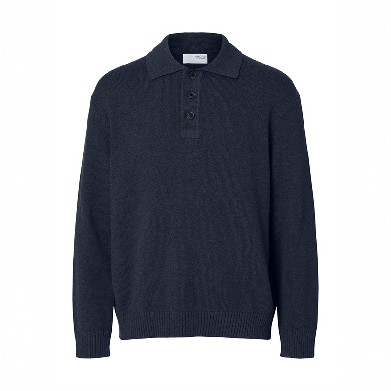 Selected Homme Mens Jakob Long Sleeve Relaxed Knitted Polo Navy Blazer/Melange - Size M