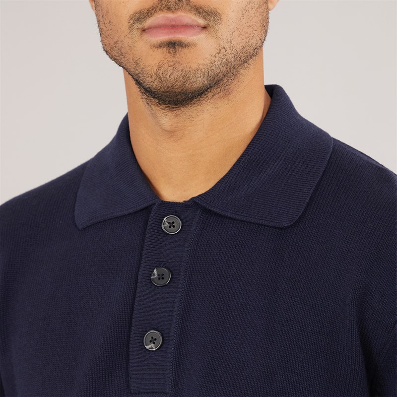 Selected Homme Mens Jakob Long Sleeve Relaxed Knitted Polo Navy Blazer/Melange