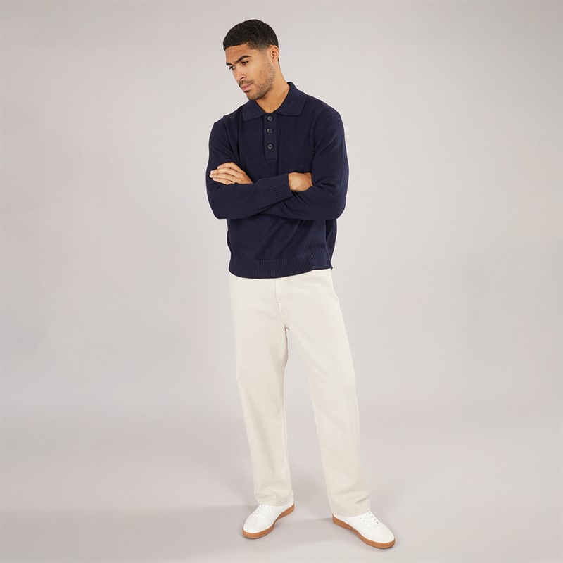 Selected Homme Mens Jakob Long Sleeve Relaxed Knitted Polo Navy Blazer/Melange