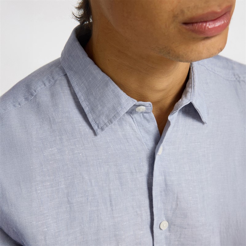 Selected Homme Mens Regkylian-Linen Classic Long Sleeve Shirt Blue Fog/White