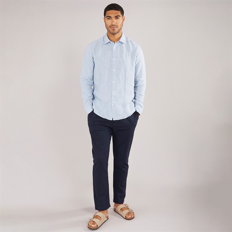 Selected Homme Mens Regkylian-Linen Classic Long Sleeve Shirt Blue Fog/White