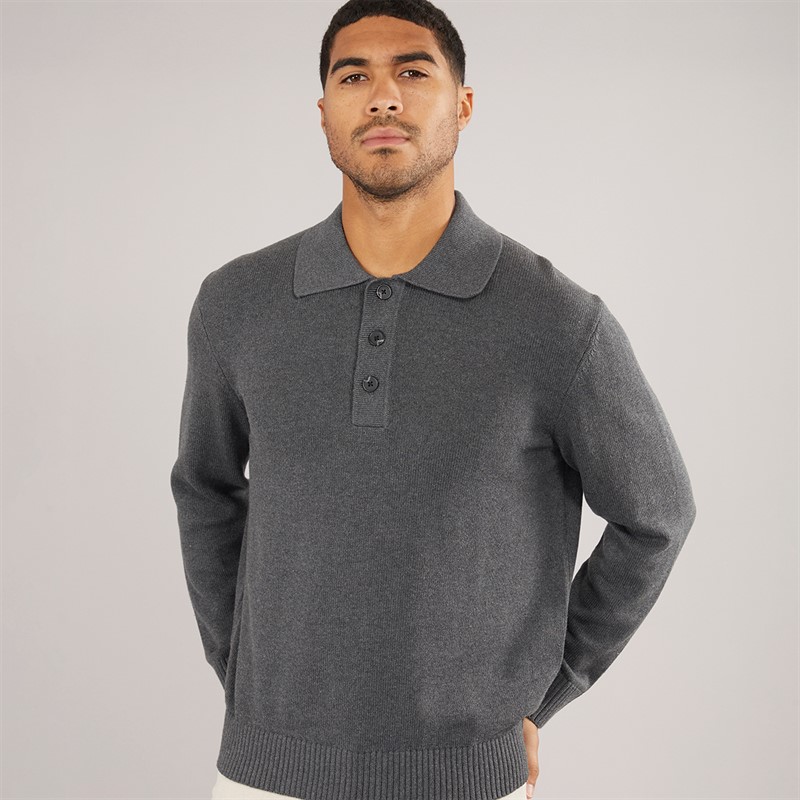 Selected Homme Mens Jakob Long Sleeve Relaxed Knitted Polo Dark Grey Melange - Size XXL