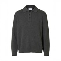 Selected Homme Mens Jakob Long Sleeve Relaxed Knitted Polo Dark Grey Melange