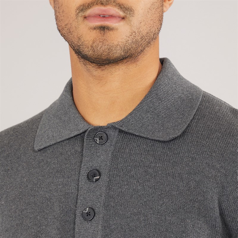 Selected Homme Mens Jakob Long Sleeve Relaxed Knitted Polo Shirt Dark Grey Melange