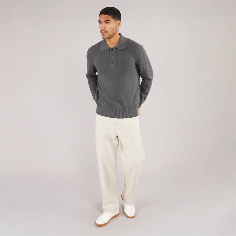 Selected Homme Mens Jakob Long Sleeve Relaxed Knitted Polo Shirt Dark Grey Melange