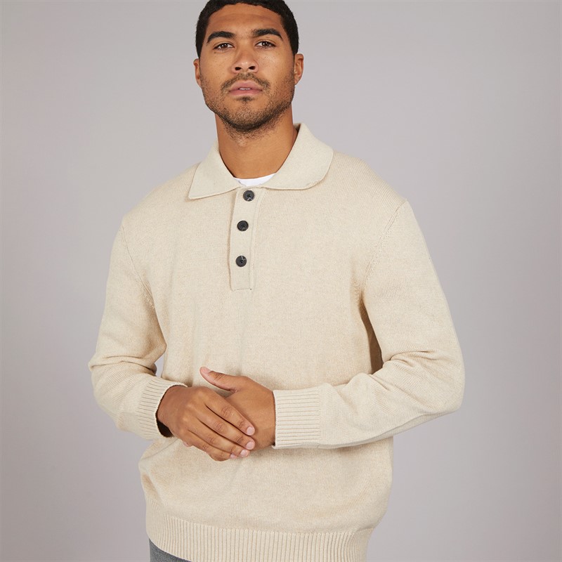 Selected Homme Mens Jakob Long Sleeve Relaxed Knitted Polo Oatmeal/Melange - Size L