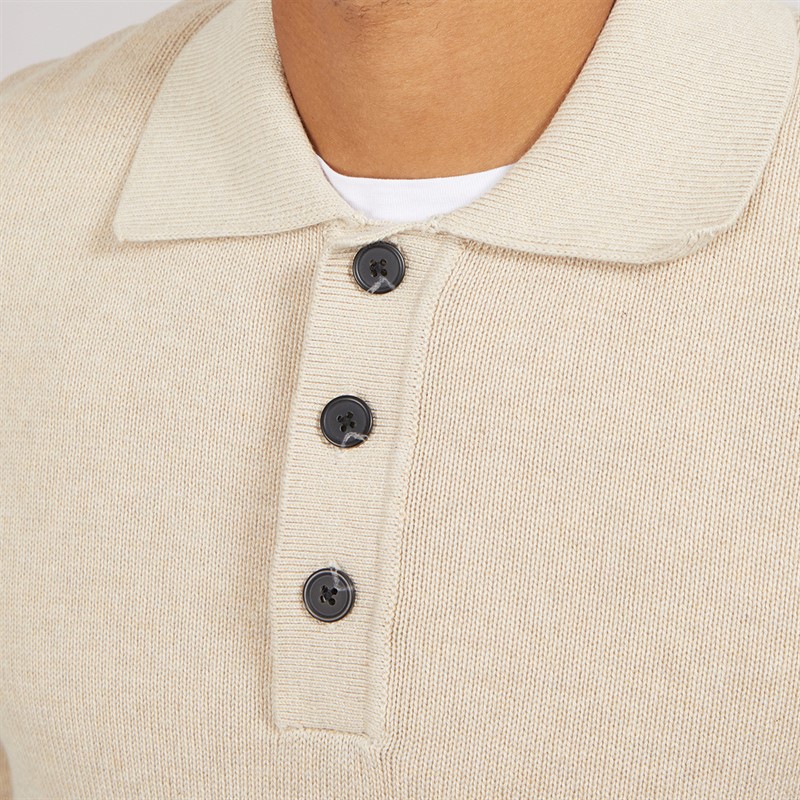 Selected Homme Mens Jakob Long Sleeve Relaxed Knitted Polo Shirt Oatmeal/Melange