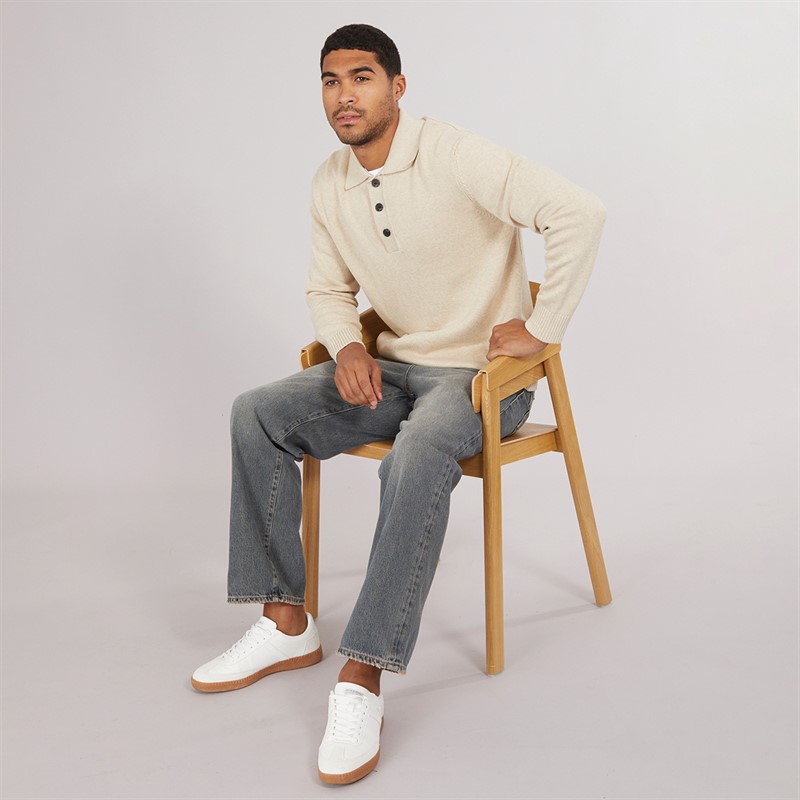 Selected Homme Mens Jakob Long Sleeve Relaxed Knitted Polo Shirt Oatmeal/Melange