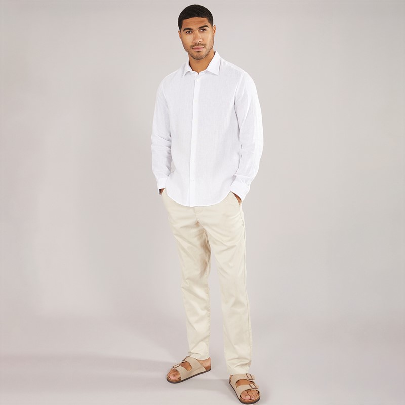 Selected Homme Mens Regkylian-Linen Classic Long Sleeve Shirt White