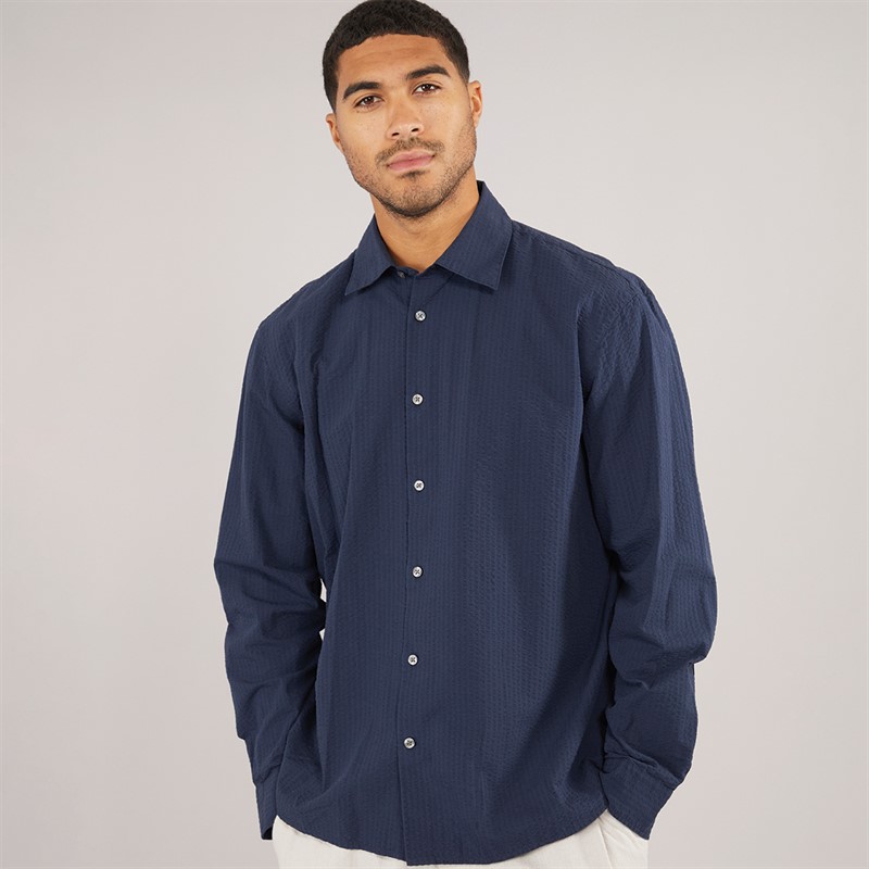 Selected Homme Mens Regfreddie Solid Seersucker Long Sleeve Shirt Sky Captain - Size XXL