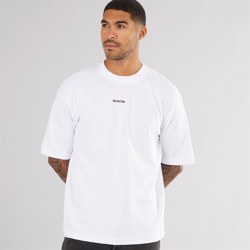 Selected Homme Mens Loose Oscar Logo T-Shirt Bright White