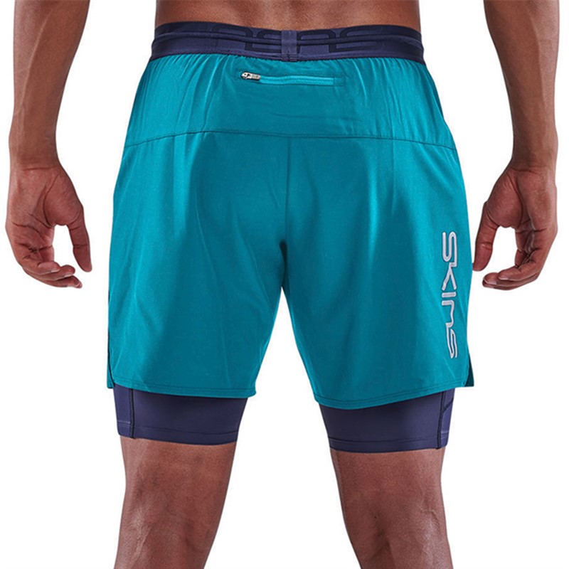 SKINS Mens Series-3 Compression Superpose 2 In 1 Half Tight Shorts Navy Cyan