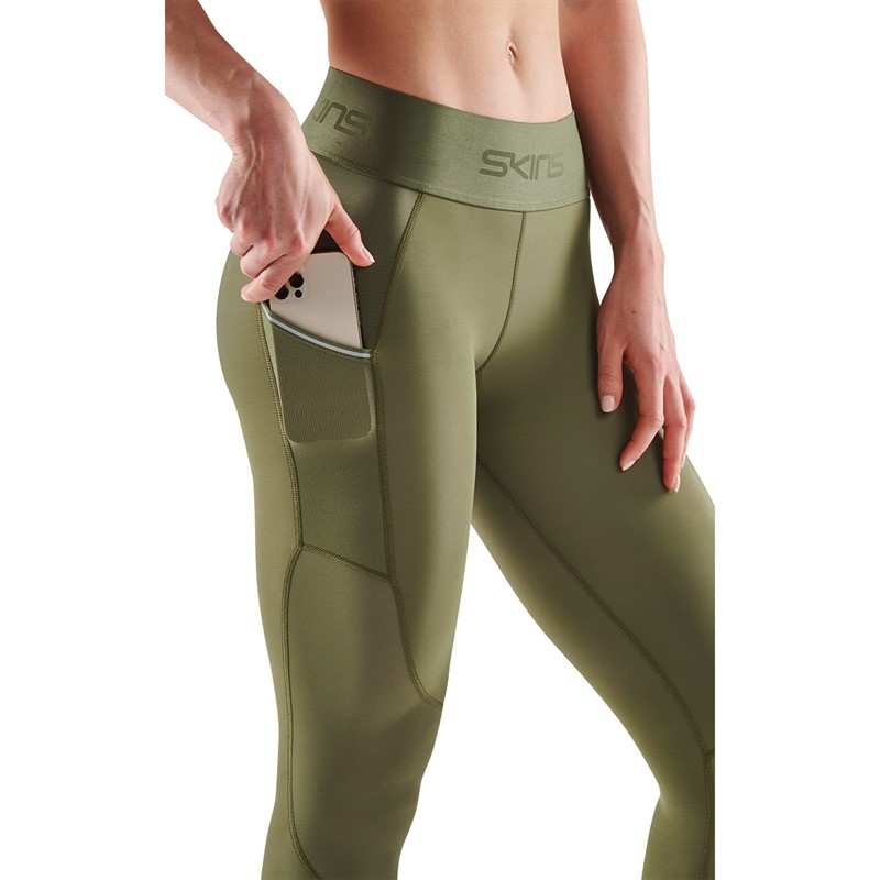 SKINS Womens Series-3 Compression Long Tights Pocket Khaki